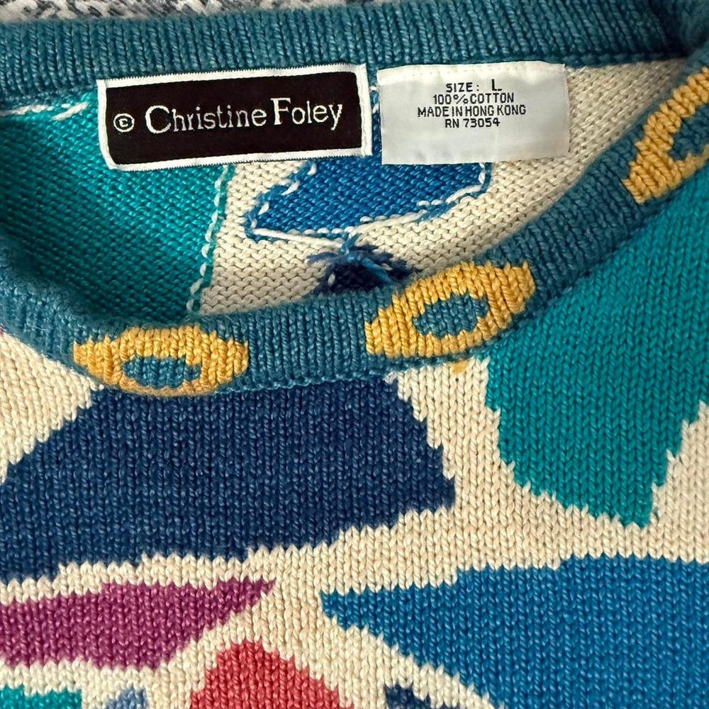 Vintage 80s Christine Foley Multicolored Knit Cotton Sweater - Picture 6 of 8